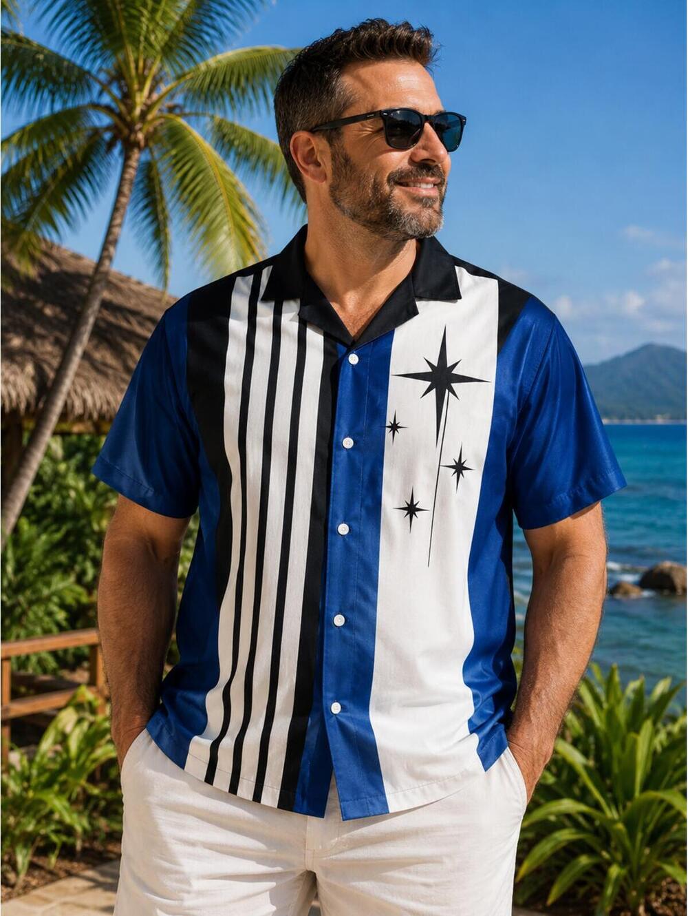 Royayura Hawaiian Button Front Shirt Blue White Black 4XL